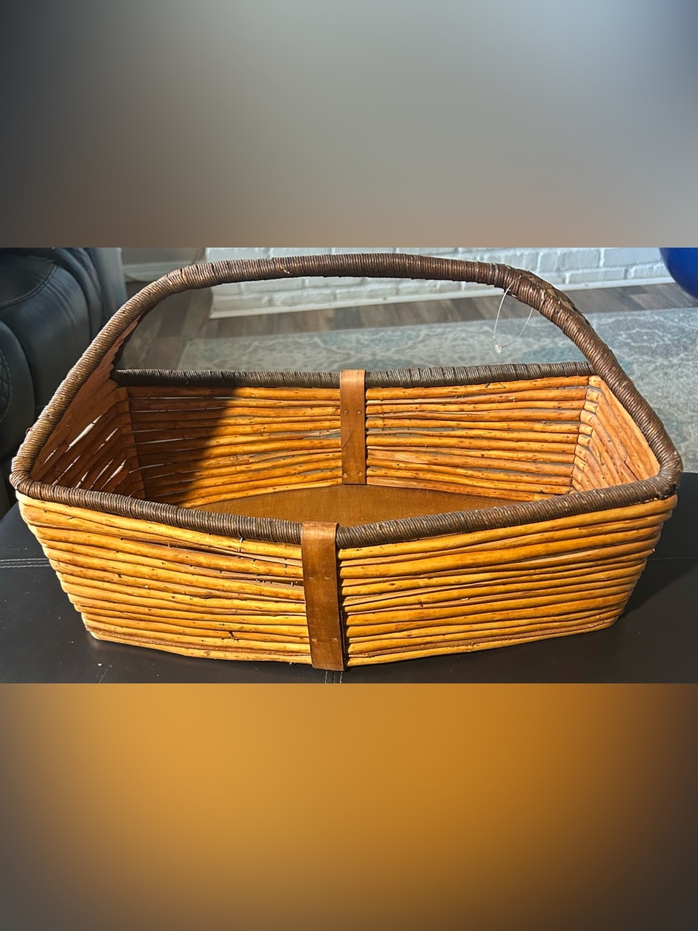 Large Handwoven Rectangular Rattan Basket with Handle Natural Brown Size 18”X11
